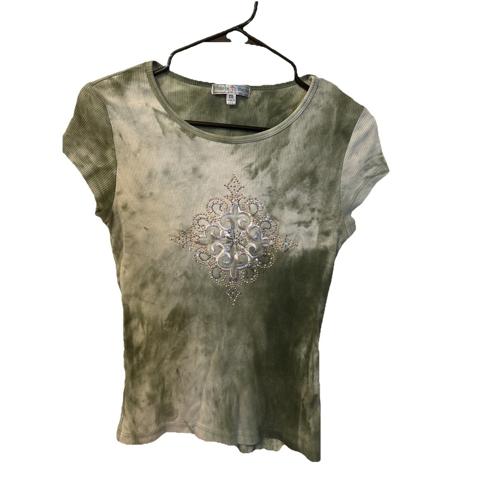 Vintage 90's Suzie Made USA Ribbed Top Shirt Rhinestones Embellished Med Green